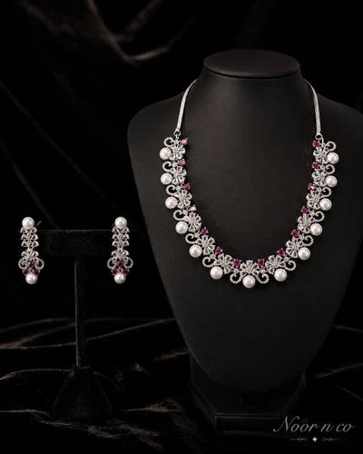 Pink Pearl CZ Silver Tone Necklace Earrings Set Indian Pakistani Bridal Jewelry