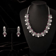 Pink Pearl CZ Silver Tone Necklace Earrings Set Indian Pakistani Bridal Jewelry