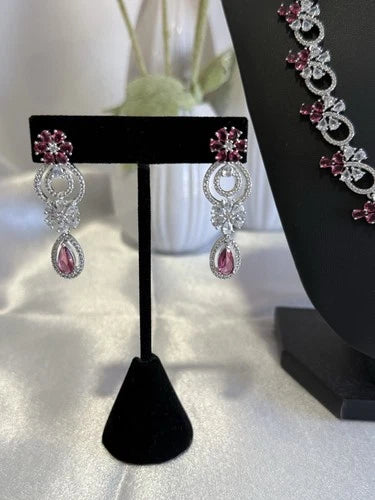 Pink Crystal CZ Necklace & Earrings Set Silver Tone Wedding Jewelry