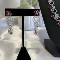 Pink Crystal CZ Necklace & Earrings Set Silver Tone Wedding Jewelry