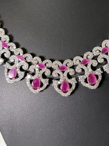 Ruby-toned American Diamond necklace and earring set
