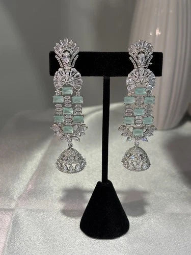 Mint Green CZ Silver Tone Chandelier Jhumka Earrings Pakistani Indian Jewelry