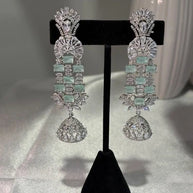 Mint Green CZ Silver Tone Chandelier Jhumka Earrings Pakistani Indian Jewelry