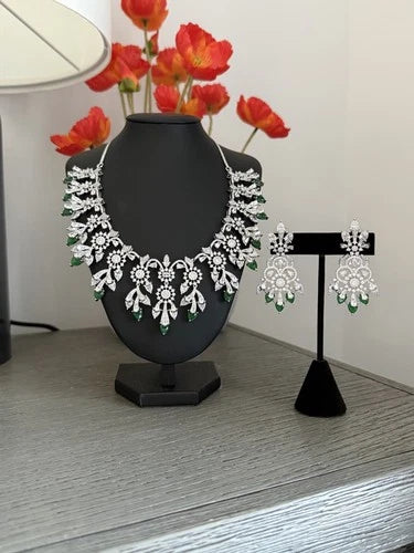 Emerald Green CZ Crystal Silver Necklace Earrings Set Indian Bridal Jewelry