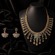 Gold Tone Mint Green CZ Necklace Earrings Set Indian Pakistani Bridal Jewelry