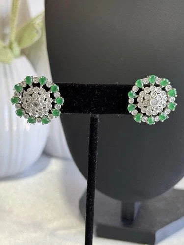 Emerald Green CZ Floral Stud Earrings Silver Tone Party Jewelry