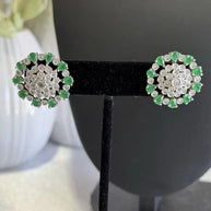 Emerald Green CZ Floral Stud Earrings Silver Tone Party Jewelry