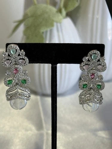 Multicolor CZ Pearl Necklace Earrings Tikka Set Silver Tone Jewelry