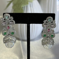 Multicolor CZ Pearl Necklace Earrings Tikka Set Silver Tone Jewelry