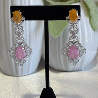 Yellow Pink CZ Silver Tone Drop Earrings Pakistani Indian Statement Jewelry