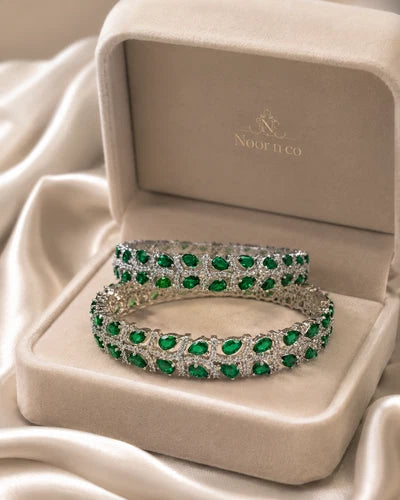 Emerald Green Silver Tone CZ Bangle Set Indian Pakistani Bridal Jewelry