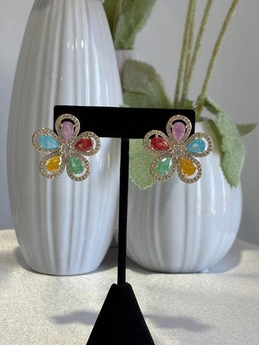 Multicolor Flower CZ Gold Tone Stud Earrings Pakistani Indian Jewelry