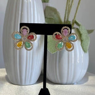 Multicolor Flower CZ Gold Tone Stud Earrings Pakistani Indian Jewelry