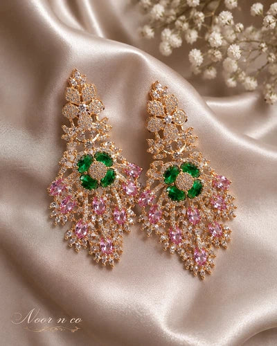 Green Pink CZ Gold Tone Chandelier Earrings Pakistani Indian Bridal Jewelry