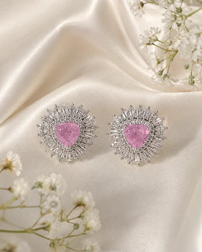 Pink & Green Stone Halo Stud Earrings Silver Tone CZ Statement Jewelry