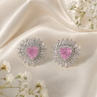 Pink & Green Stone Halo Stud Earrings Silver Tone CZ Statement Jewelry