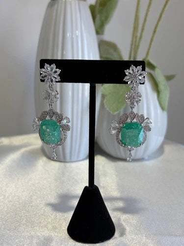 Mint Green CZ Silver Tone Drop Earrings Pakistani Indian Statement Jewelry