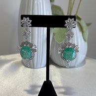 Mint Green CZ Silver Tone Drop Earrings Pakistani Indian Statement Jewelry