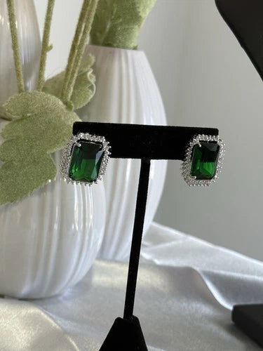 Emerald Green CZ Rectangle Stud Earrings Silver Tone Party Jewelry