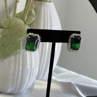 Emerald Green CZ Rectangle Stud Earrings Silver Tone Party Jewelry