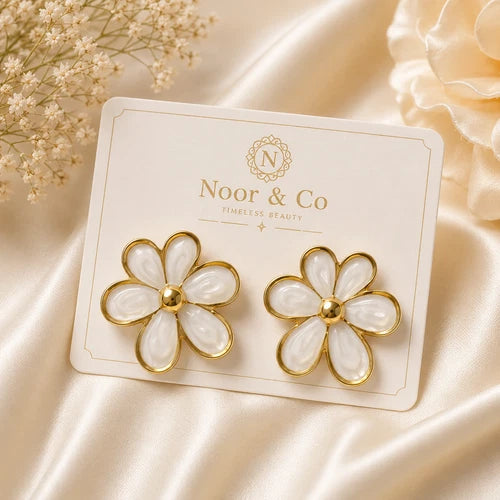 Flower Stud Earrings Gold Tone – Black, White & Mint Green