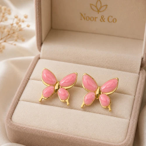 Pink Butterfly Stud Earrings Gold Tone Elegant Feminine Fashion Jewelry