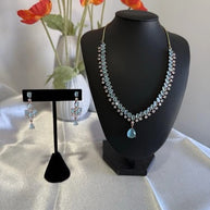 Aqua Blue Crystal Necklace & Earrings Set Rose Gold Tone Jewelry