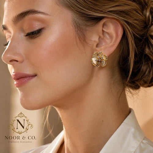 Ivory Bloom Gold Floral Stud Earrings