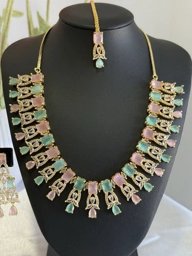 Pastel Pink Mint CZ Necklace Earrings Tikka Set Gold Tone Jewelry