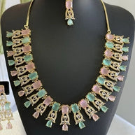 Pastel Pink Mint CZ Necklace Earrings Tikka Set Gold Tone Jewelry