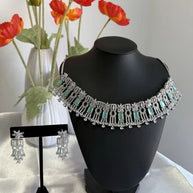 Mint Green CZ Choker Necklace Earrings Set Silver Tone Pakistani Jewelry