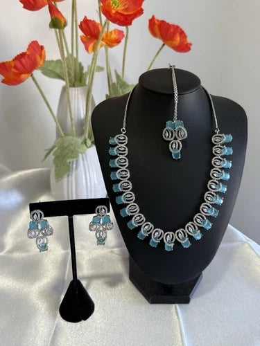 Aqua Blue CZ Necklace Earrings Tikka Set Silver Tone Pakistani Jewelry