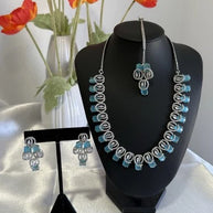Aqua Blue CZ Necklace Earrings Tikka Set Silver Tone Pakistani Jewelry