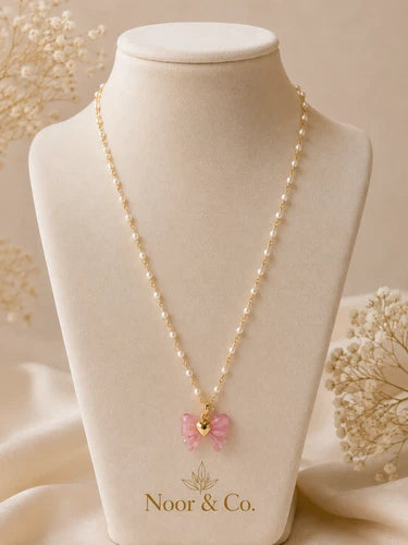 Pink Bow Heart Pendant Necklace Gold Tone Pearl Look Beaded Fashion Jewelry