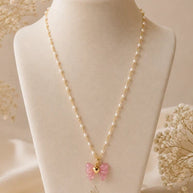 Pink Bow Heart Pendant Necklace Gold Tone Pearl Look Beaded Fashion Jewelry
