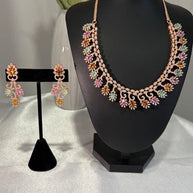Rose Gold Multicolor CZ Necklace Earrings Set Indian Pakistani Bridal Jewelry