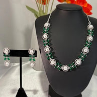 Pink Pearl CZ Silver Tone Necklace Earrings Set Indian Pakistani Bridal Jewelry