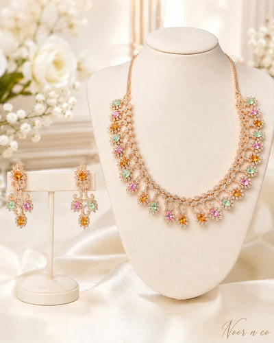 Rose Gold Multicolor CZ Necklace Earrings Set Indian Pakistani Bridal Jewelry