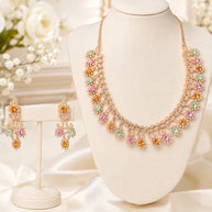 Rose Gold Multicolor CZ Necklace Earrings Set Indian Pakistani Bridal Jewelry