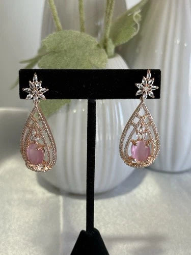 Baby Pink CZ Teardrop Earrings Rose Gold Tone Party Jewelry