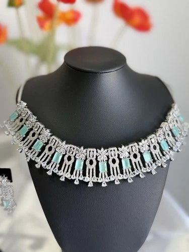 Mint Green CZ Choker Necklace Earrings Set Silver Tone Pakistani Jewelry