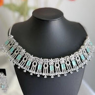 Mint Green CZ Choker Necklace Earrings Set Silver Tone Pakistani Jewelry