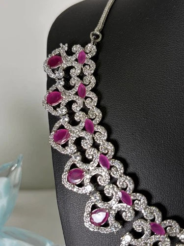 Ruby-toned American Diamond necklace and earring set