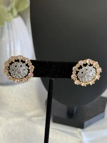 Baby Pink CZ Floral Stud Earrings Gold Tone Party Jewelry