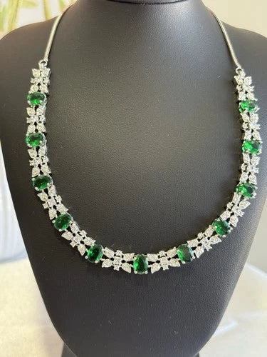 Emerald Green CZ Necklace & Earrings Set Silver Tone Wedding Jewelry