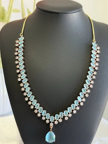 Aqua Blue Crystal Necklace & Earrings Set Rose Gold Tone Jewelry