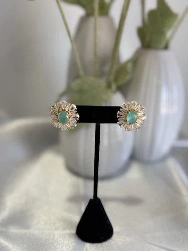 Mint Green CZ Round Stud Earrings Gold Tone Party Jewelry