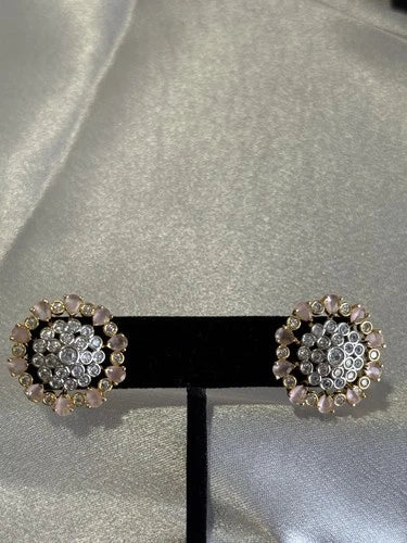 Baby Pink CZ Floral Stud Earrings Gold Tone Party Jewelry