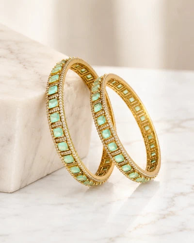 Mint Green CZ Gold Tone Bangle Bracelet Set of 2 Indian Pakistani Jewelry 2.10