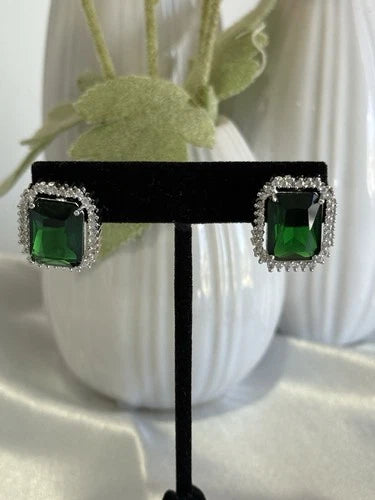 Emerald Green CZ Rectangle Stud Earrings Silver Tone Party Jewelry